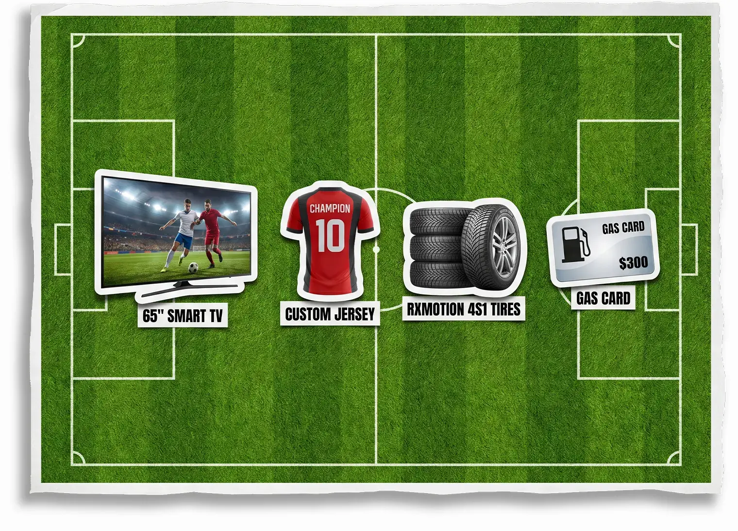 Soccer-themed prize board displayed on a green football pitch background. Four contest prizes are arranged across the field: a 65-inch smart TV showing a soccer match, a custom red soccer jersey with the number 10, a set of RoadX RXMotion 4S1 tires, and a $250 gas card. The layout resembles collectible game pieces placed on a soccer field, with bold labels identifying each prize.