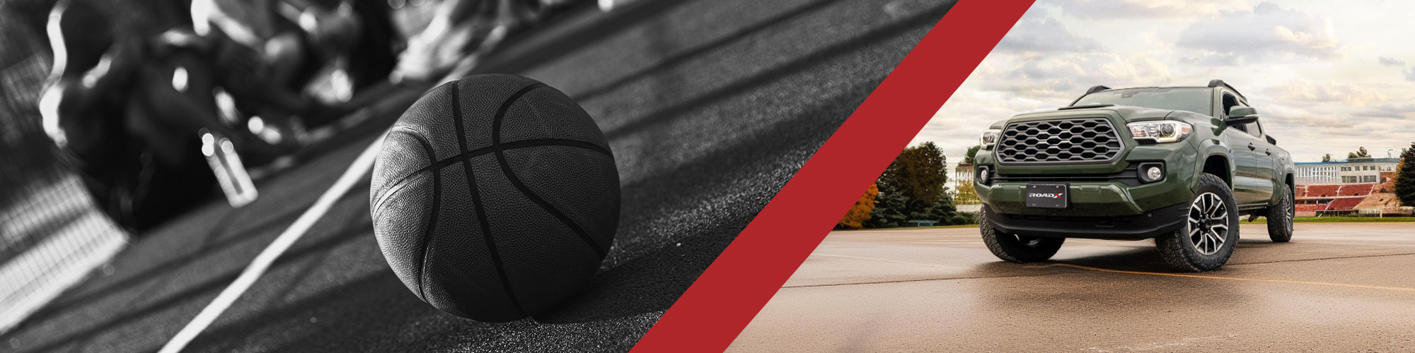 Balón de baloncesto en una cancha interior junto a una camioneta equipada con llantas RoadX estacionada cerca de un estadio, representando los viajes de la Locura de Marzo y la conducción en primavera.